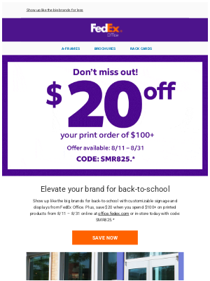 FedEx - Save $20 when you spend $100+ from 8/11 – 8/31