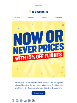 Ryanair - FLASH SALE: Flights 15% off⚡
