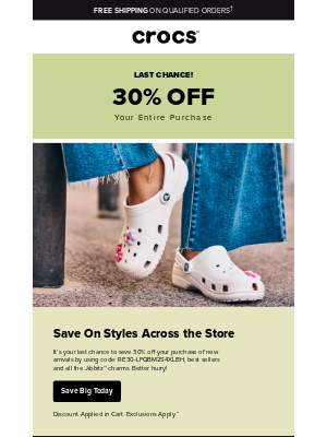 Crocs - We miss you! Save 30% when you pick out a new pair.