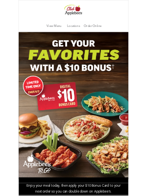 Applebee's - christine, score a $10 Bonus Card when you spend $40+