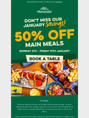 Harvester (United Kingdom) - 50% off mains, the freshest offer this New Year! 🎉