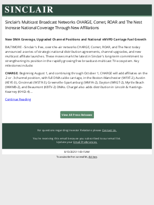 Sinclair Broadcast Group - Sinclair's Multicast Broadcast Networks CHARGE, Comet, ROAR and The Nest Increase National Coverage Through New Affiliations