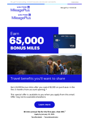 Consuelo, earn 65K bonus miles and get your first checked bag free