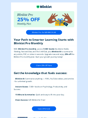 Blinkist - 🧠 Boost Your Brainpower: 7,500+ Books & Blinkist AI at 25% Off (Monthly Plan)!