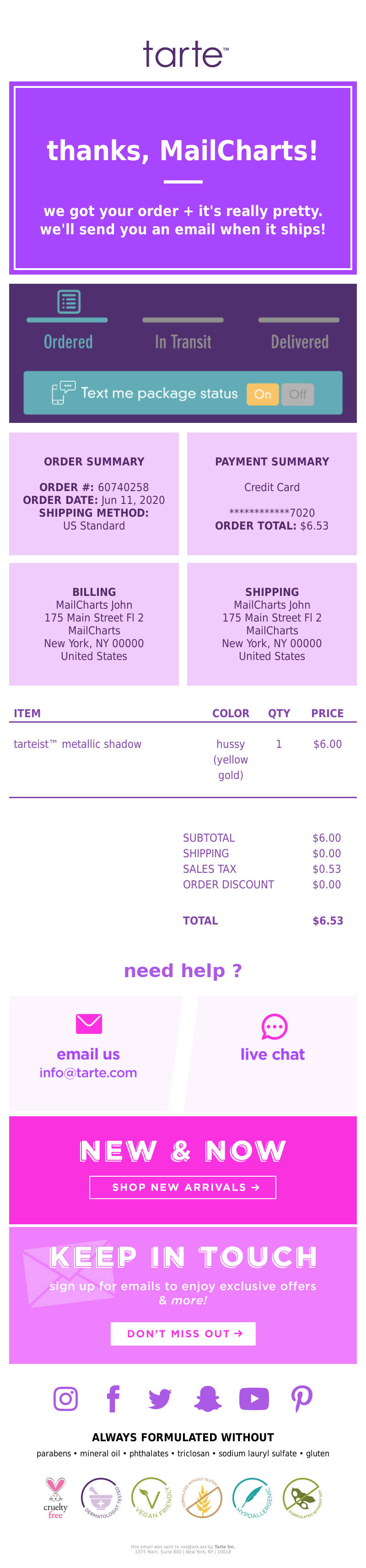 Tarte Cosmetics - GOT IT! Order Confirmation 60740258