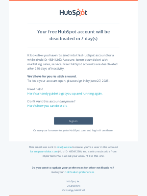 HubSpot - Your free HubSpot account will be deactivated in 7 day(s)