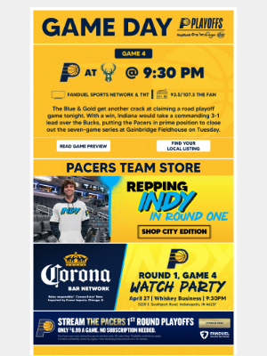 Indiana Pacers - Game 4 tonight at 9:30 PM ET