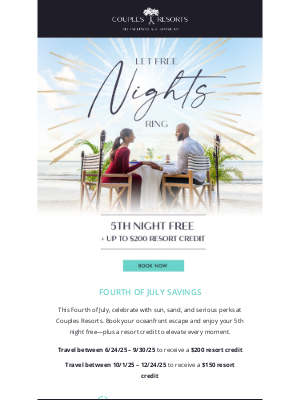 Couples Resorts - Celebrate the 4th of July with a Free Night in Paradise!