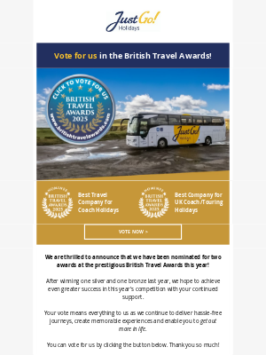 Just Go! Holidays (United Kingdom) - We're nominated! Vote for us in the British Travel Awards