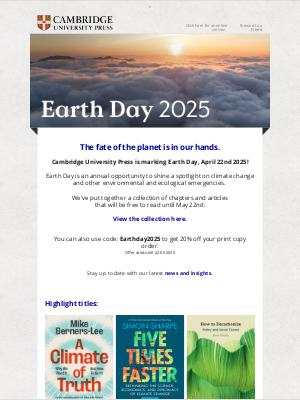 Cambridge University Press - Get 20% off this Earth Day:  Read, Educate, Inspire.