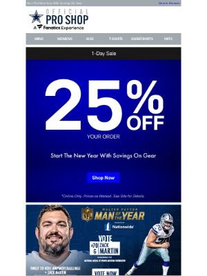 Dallas Cowboys - 1-Day Sale >> 25% Off Cowboys Gear