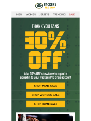 Green Bay Packers - 30% Off Sitewide Ends Tonight