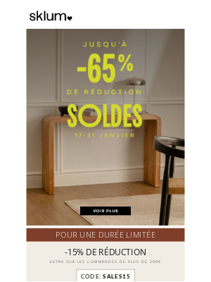 Slum (France) - Jusqu'à 65 % de réduction sur les meubles et la décoration | Stock limité