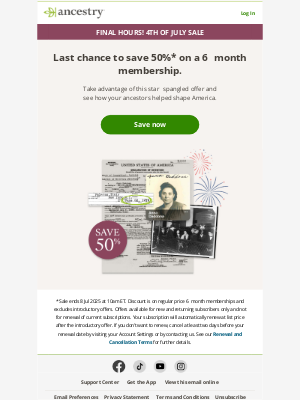 Ancestry - FINAL HOURS: 50% off memberships! 🎆
