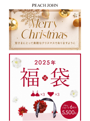 Peach John (Japan) - ☆★Merry Christmas★☆2025年福袋発売！ブラとショーツ6点で5,500円！