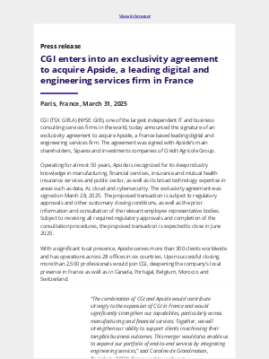 CGI - CGI enters into an exclusivity agreement to acquire Apside, a leading digital and engineering services firm in France
