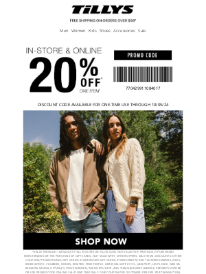 Tillys - 📣 20% Off 1 Item Just for You Sal.