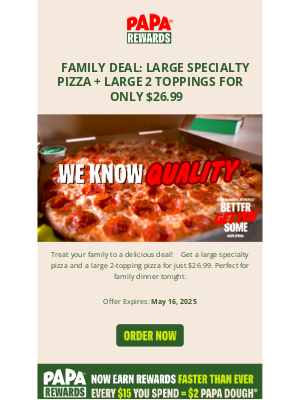 Papa John's - Family Pizza Deal: only $26.99🍕🎉