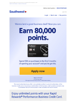 Southwest Airlines - Linda, earn 80,000 points that count toward earning Companion Pass.