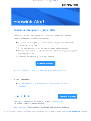 Fenwick & West - [Fenwick Alert] Securities Law Update — July 7, 2025