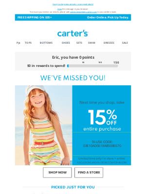 Carter's - Enjoy 15% off your entire purchase because we miss you❤️