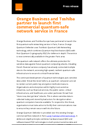 Orange - Orange Business and Toshiba partner to launch first commercial quantum-safe network service in France