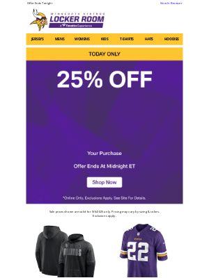 Minnesota Vikings - 25% Your Entire Order Ends Today!
