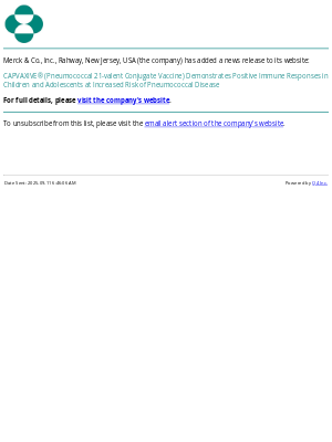 Merck & Co - CAPVAXIVE® (Pneumococcal 21-valent Conjugate Vaccine) Demonstrates Positive Immune Responses in Children and Adolescents at Increased Risk of Pneumococcal Disease