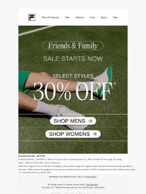 Fila Inc. - Friends & Family Sale Starts Now - Select Styles 30% Off