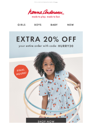 Hanna Andersson - EXTRA 20% Off Your ENTIRE Order Ends TODAY!