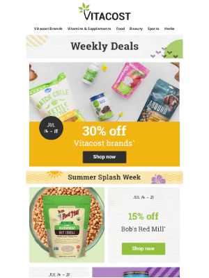 Vitacost - 30% off Vitacost Brands + Summer Splash Deals