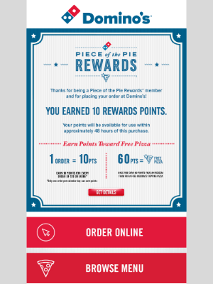 Customer rewards email example from Dominos