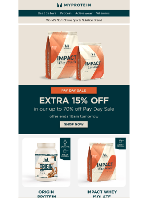 Myprotein (United Kingdom) - Extra 15% off until 10am tomorrow!