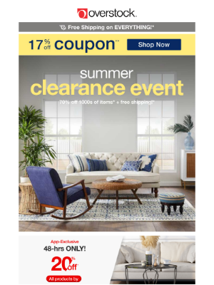 Overstock - Your Monday Just Got Better! 17% off Coupon! Shop Summer Clearance Event Savings Now!