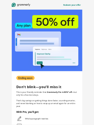Grammarly - 🚨 Ending soon: Get Grammarly Pro for 50% off