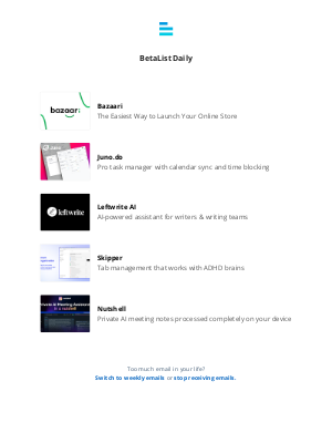 Beta List - Bazaari, Juno.do, Leftwrite AI, Skipper, and Nutshell