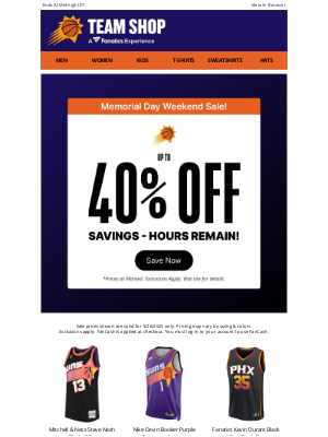 Phoenix Suns - Memorial Day Weekend Is Ending: Take 40% Off While You Still Can!