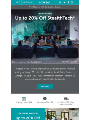 Lovesac - Get Sactionals with StealthTech™ Sound + Charge and Save!