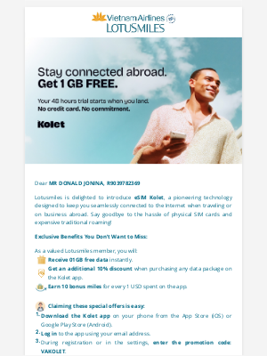 Vietnam Airlines - Stay connected globally with Esim Kolet – exclusive benefits for Lotusmiles members!