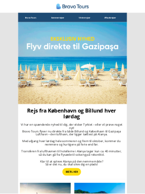 Bravo Tours - Nyhed: Direkte fly til Gazipaşa i Tyrkiet✈️
