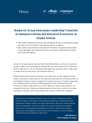 Alaska Airlines - Alaska Air Group Announces Leadership Transition at Hawaiian Airlines  and Executive Promotion at Alaska Airlines