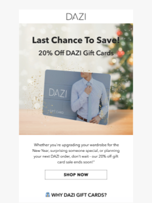 Last Chance for 20% Off Dazi Gift Cards!