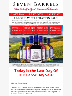 Seven Barrels - 24 Hours Left Of Our Labor Day Sale Is Here! Save Up To 20% On Your Order When...