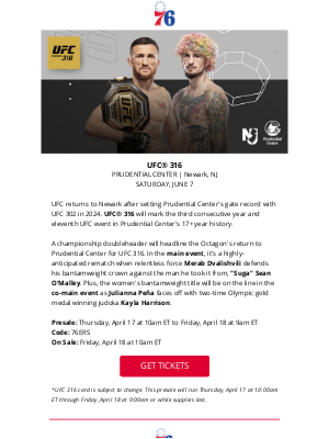 Philadelphia 76ers - Exclusive Presale for Sixers Fans: UFC 316 at Prudential Center