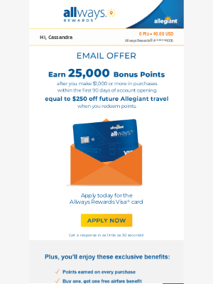 Allegiant Air - You’ve been selected for a 25k bonus points offer