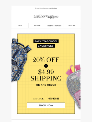 Lillian Vernon - Early Access: Back-to-school backpacks! 20% off + $4.99 shipping