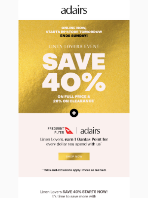 Adairs (Australia) - ✨ ONLINE NOW! LINEN LOVERS SAVE 40% ON FULL PRICE!