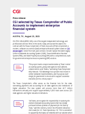 CGI - CGI selected by Texas Comptroller of Public Accounts to implement enterprise financial system