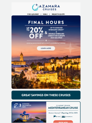 Azamara Club Cruises - LAST CHANCE! 20% Off Client Cruise Fare