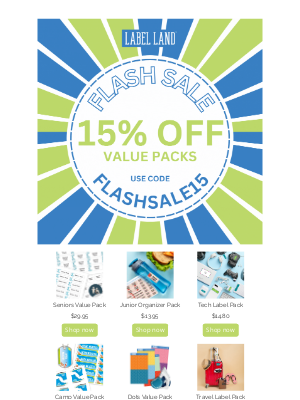 Label Land - Flash Sale Alert - 15% Off All Value Packs! 🎉